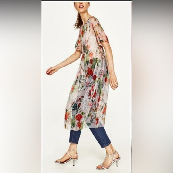 Zara Dresses & Skirts - Zara Floral Botanical Sheer Tulle Mesh T Shirt Midi Dress Waist Ruffle womens S